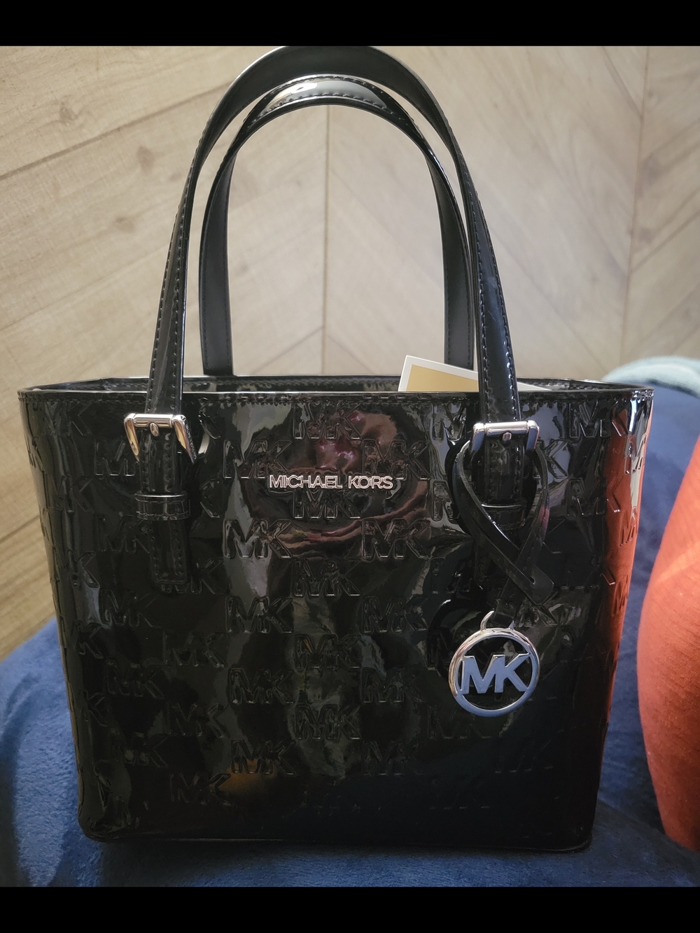 Michael Kors Jet Set Extra Small Black Patent Logo Embossed Convertable Tote Bag